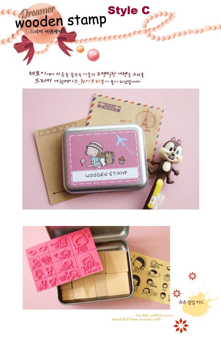 Korean Diy Wooden Stamp Set - Dark Pink