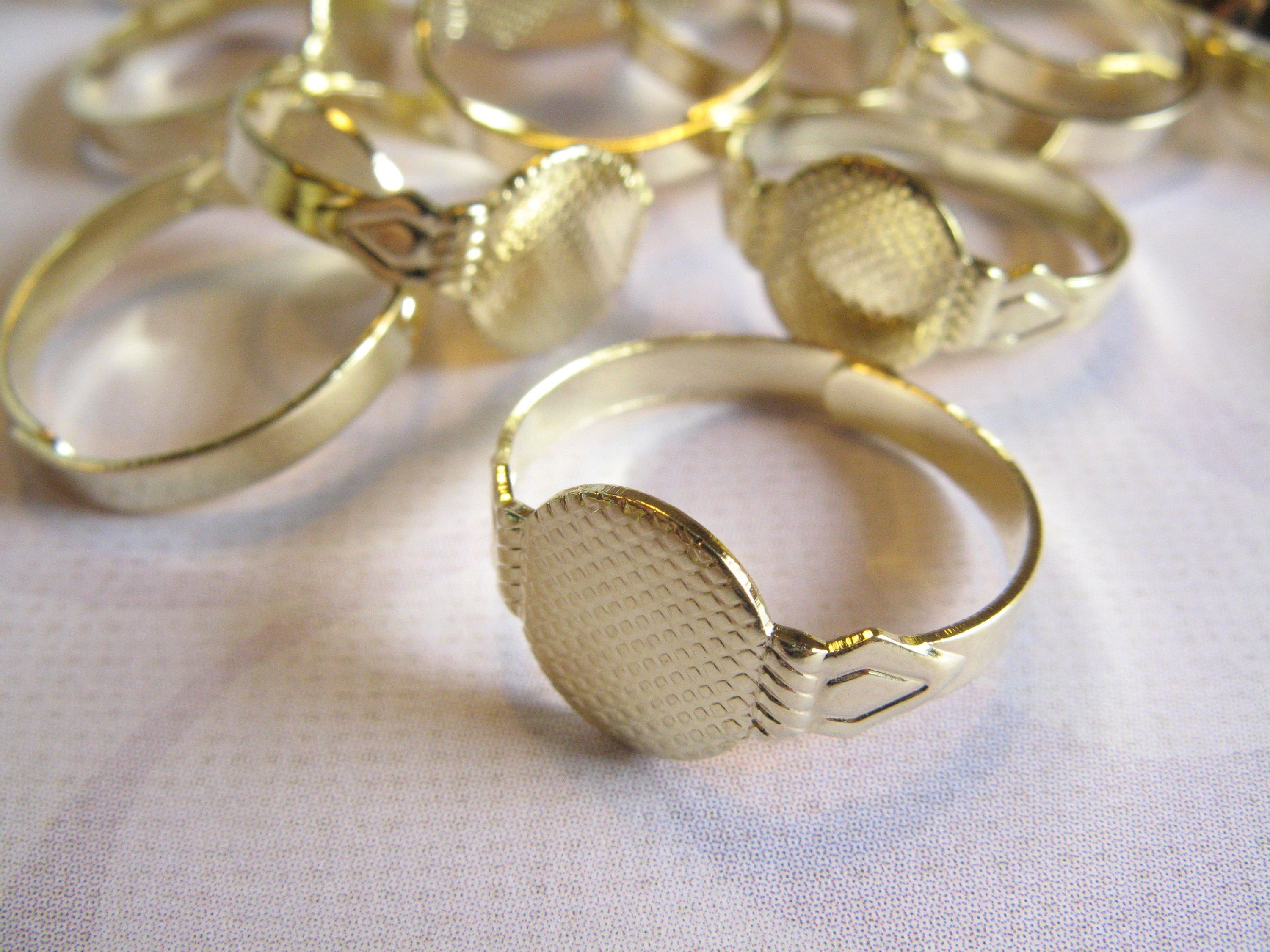 12 Gold and Silver Plated Adjustable Ring Blanks with 10mm Pad